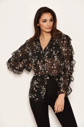 Black Floral Frill Sheer Shirt